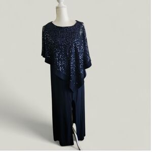 R&M Richards Womens Navy Mother of the Bride Sequin Shawl Formal Dress Holiday 8